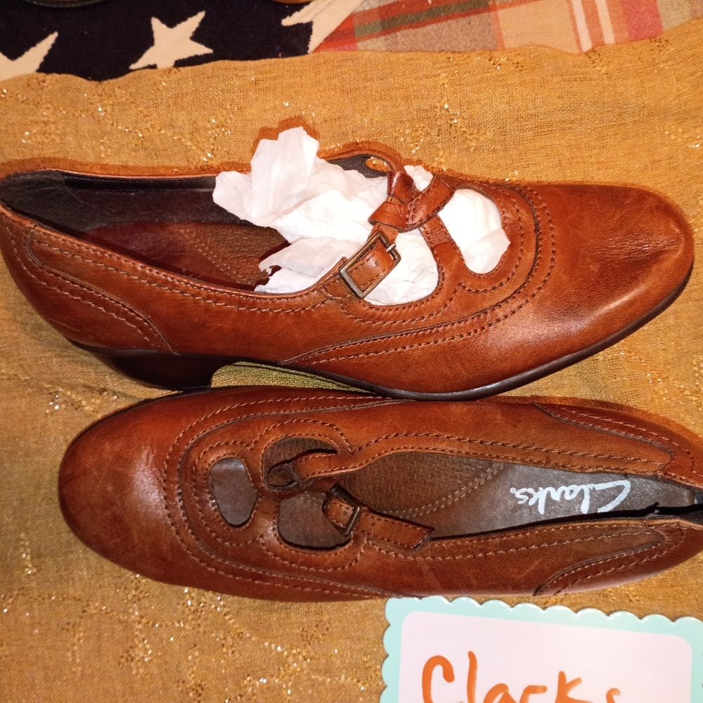 Clarks Women's Leather Loafers Heels Mary Jane 9 Vintage